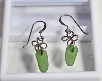 SEA GLASS EARRINGS - Wire-Wrapped Green Maine Sea Glass Dangles – Sterling Silver - Made in Maine