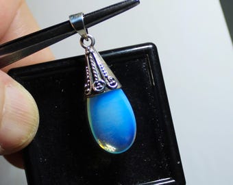 ANTIQUE OPAL GLASS Pendant – 25 x 12 mm – Sterling Silver – Marked 925 – Ghostly Blue Floating Color – New Old Stock - Vintage
