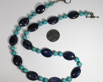 LAPIS and TURQUOISE NECKLACE with Sterling Silver Spacers – 23 Inches Long - Made in Maine
