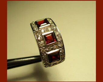 GARNET & NATURAL DIAMOND Ring – Size 7 1/2 - 14 Karat White Gold – 3 Stone Natural Garnet Trilogy – 14 Two mm Round Diamonds – New Old Stock
