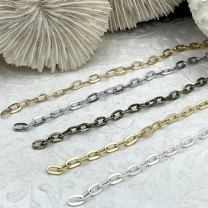 Small Cable Chain Oval sold by the foot. 7.3mm x 4.1mm. Electroplated base metal, 5 finishes available. Fast ship