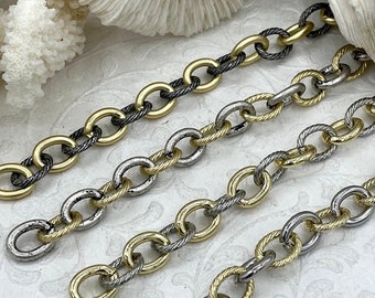Mixed Link Mixed Metal Textured Cable Chain, Sold by the foot. 13mm x 10mm, 2mm Thick, Electroplated Base Metal, 4 styles, Fast ship