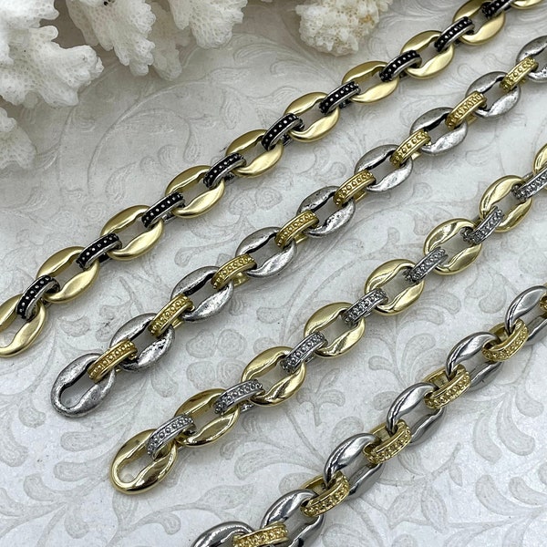 Mixed Link Mixed Metal Textured Cable Chain,Sold by the foot. Brass&Zinc Alloy, Lg Link 15mm x 11mm, Sm Link 11mm x 9mm, 4 styles, Fast ship