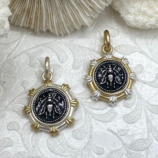 French Bee Replica Coin, Burnished Silver Bee Coin, Two Tone Bezel, Reproduction Bee Coin, Coin pendant, Petite Coin, 5 styles Fast Ship