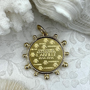 L&#39;abielle Bee Coin Pendant, French Bee Coin with Bezel, Bee Pendant, Gold Coin, Gold bezel, Fleur De Lis Coin, Fast Ship