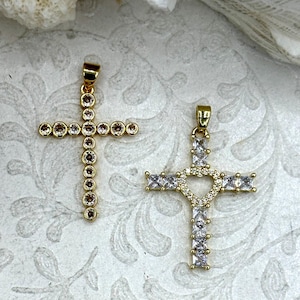Gold Cross Charms with Cubic Zirconia, Gold Religious Cross, Brass Cross Charm, Gold Cross Pendant with clear CZ, 2 styles, Fast Ship