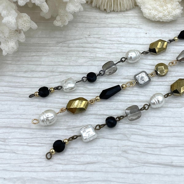 Vintage Glass Pearl & Crystal Mixed Rosary Chain,  Grey and White Glass Pearls, Glass Beads, Gold, Bronze, or Gunmetal Wire, BBA Original