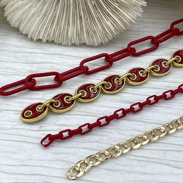 Enamel Plated Red Paper Clip Chain, Enamel Box Chain, Enamel Coffee Bean Chain Flat Cuban Curb Chain, 4 styles By the Foot Fast Ship