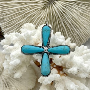 Turquoise Howlite Gunmetal Soldered Flower Pendant. Soldered Crystals flowers 47mm x 43mm x 8mm. 3mm ID, 5mm OD Bale. Fast Shipping