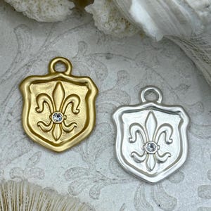 Fleur De Lis Shield Charms with CZ, Fleur De Lis Charm, 2 Finishes, Brass Charm, Fleur de lis Pendant, French Charm, Paris Charm, Fast Ship.