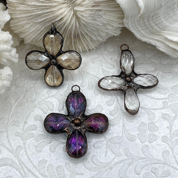 Faceted Soldered Crystal Flower Pendants. 3 styles, Clear and Iridescent Crystal, Copper and Gunmetal Soldering, Wrapped Crystal Fast Ship