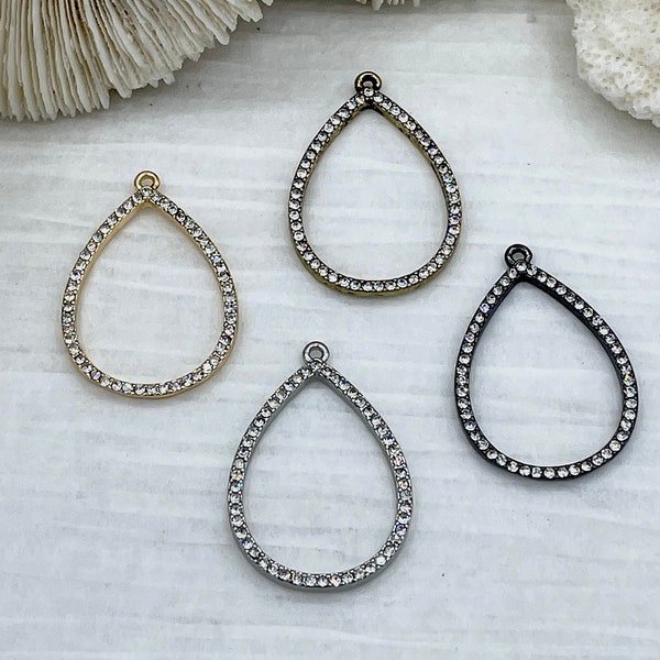 Small Teardrop Crystal Charm Pendants, Rhinestone Pave Small, 31mm, x 21mm x 2mm Charm/Pendant, Bronze, Gold, Silver, Gunmetal, Fast Ship