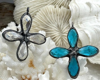 Gunmetal Soldered Cross Shaped Crystal Pendants and charms. 2 Styles, Teal Crystal or Clear Crystal, 45mm x 45mm, 4mm Bale ID, Fast Shipping