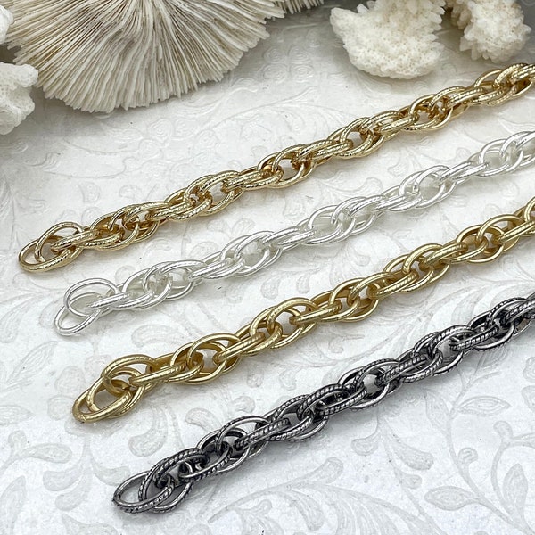 Textured Chunky Triple Link Chain, Multilink Chain Oval, Statement Chain sold by the foot 13mm x 9.4mm. 4 finishes available. Fast Ship