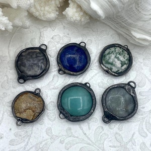 Soldered Natural Stone Pendants/Connectors, Round Stone Pendants with Gunmetal Soldering, Comes in 6 Natural Stone Styles, Fast Ship.
