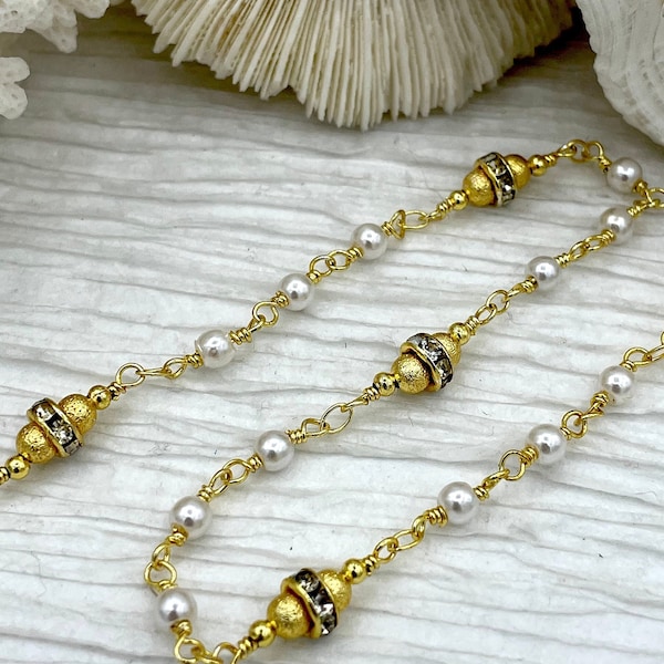 Vintage Glass Pearl Replica, Intricate White Glass Pearl and Crystal Beaded Chain, 3.8mm Glass Pearls, Gold Wire, By the Foot, Fast Shipping