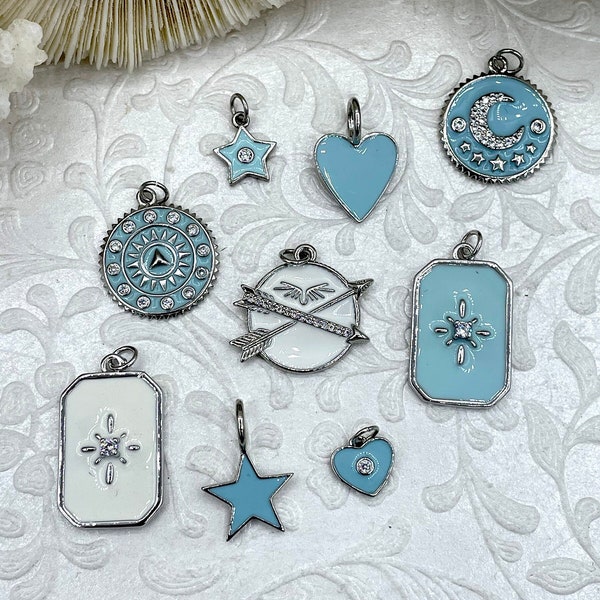 White or Blue Enamel CZ Micro PAVE Charm Pendant Brass. Silver plating. Star, Heart, Moon, Compass, Arrow. 9 choices Fast Ship