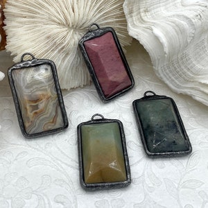 Soldered Natural Stone Pendants, Rectangle Stone Pendants with Gunmetal ,Comes in a variety of patterns, 4 Styles, Natural Stone, Fast Ship.