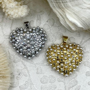 Heart Charms with CZ and Pearls, 2 Finishes, Gold or Silver, Plated Brass Heart Charms, Cubic Zirconia and Faux Pearl Heart Charms,Fast Ship
