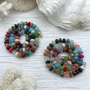 Hand Knotted Necklace 16.5" Long, Colorful Mixed Semi-Precious Rondelle Stones with Finished Ends Gold or Silver, Candy Necklace Fast Ship