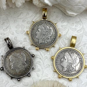 Reproduction Coin Pendant, Morgan Peace Dollar Coin Pendant, Coin Bezel, Vintage Coin Pendant, Silver Coin, 3 bezel colors. Fast Ship
