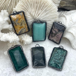 Soldered Natural Stone Pendants, Rectangle Stone Pendants with Gunmetal ,Comes in a variety of patterns, 6 Styles, Natural Stone, Fast Ship.