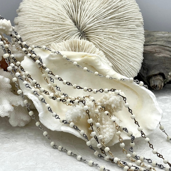 WHITE Howlite Rosary Chain, Gold, silver, bronze or gunmetal wire links, 4mm round stone bead chain 1 Meter (39 inches)