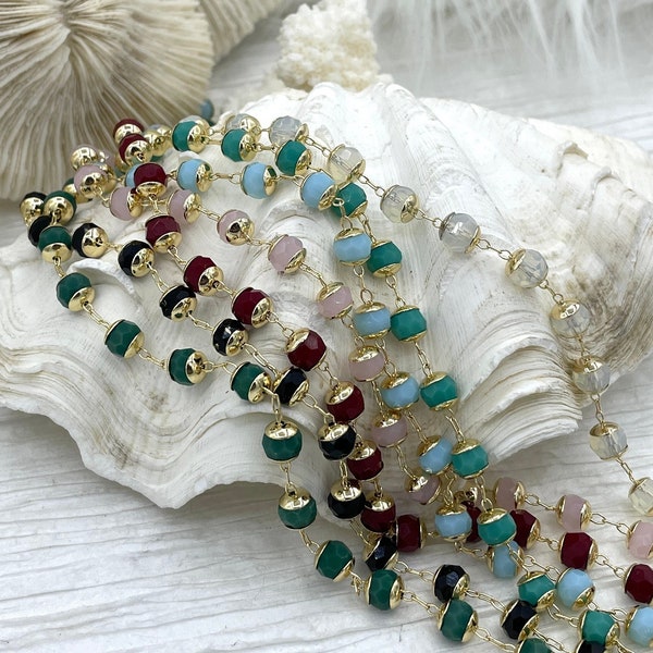 Crystal Round Rosary faceted glass beads Beaded Rosary Chain 5mm With Gold wire and caps, 7 colors chain by the foot Fast Ship