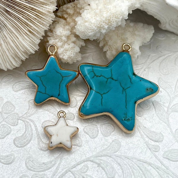 Gold Soldered Star Shaped Howlite Stone Pendants and charms. 3 colors, white, black, or turquoise, 3 sizes, Gold Bale . Fast Shipping