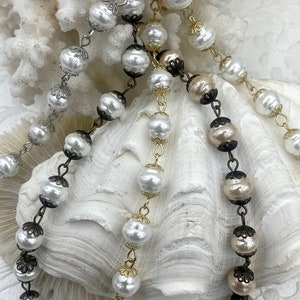 Vintage Porcelain Glass Pearl Freshwater Replica Beaded Chain,9mm Rosary Chain,White or Rose Dust.High Luster.Sold by the Foot Fast Shipping