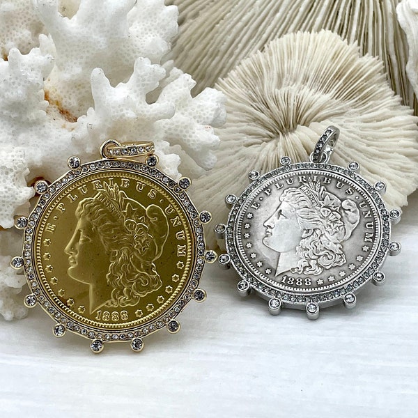 Reproduction pendentif pièce, pendentif Morgan Peace Dollar, lunette pour pièce de monnaie, pendentif pièce de monnaie vintage, lunette pour pièce de monnaie antique avec CZ. Expédition rapide de 2 styles