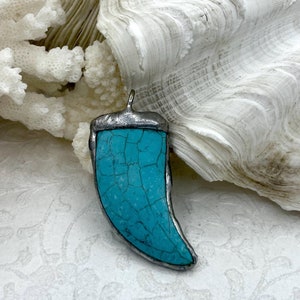 Burnished Silver Soldered Horn Shaped Turquoise Howlite Stone Pendants. Turquoise Howlite and Brass, Large 50mm Horn Pendant. Fast Shipping