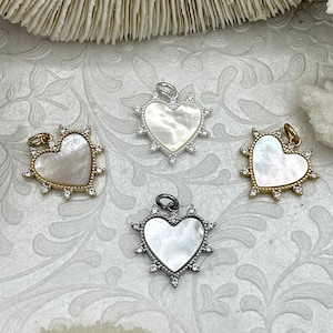 Mother of Pearl Spike Heart CZ Charm, Cubic Zirconia charm, MOP Charms, Brass Mother of Pearl, 4 finishes available, Fast Ship