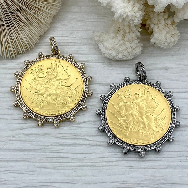 Reproduction Peso Coin Pendant, Mexican Coin, Horse Pendant, Equestrian Pendant, Equestrian Coin, W/Pearl & CZ 2 Styles. Fast Ship