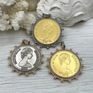 Queen Elizabeth II Coin Pendant,Royal Pendant,Queen Pendant,Coin with Pearl and CZ Accents,Queen Elizabeth II Coin, 3 Styles. Fast Ship