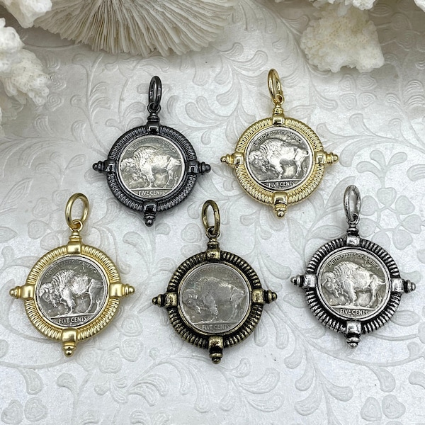 Buffalo Nickel coin Pendant, Reproduction Silver Coin Pendant, Buffalo Nickel Pendant, Buffalo Nickel Coin Charm, 5 bezel colors Fast Ship