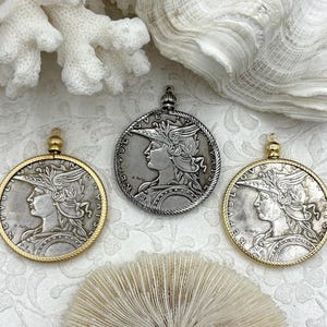 Reproduction French Madagascar Medal Coin Pendant 39mm, Coin Bezel, French coin, Art Deco Coin, Gold or Silver, 3 bezel colors. Fast Ship