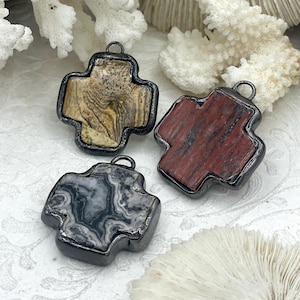 Soldered Natural Stone Pendants, Cross Shaped Stone Pendants with Gunmetal Soldering, 3 Natural Stone Types, Stone Pendants. Fast Ship.