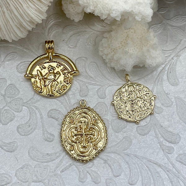 High Quality Brass Charm, Gold Coin Disc Pendant, Embossment Brass Pendant, 2 styles to choose From, Fast Ship