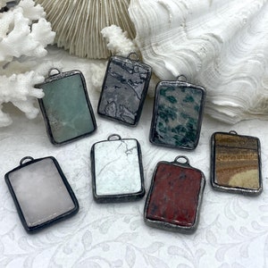Soldered Natural Stone Pendants, Rectangle Stone Pendants with Gunmetal ,Comes in a variety of patterns, 7 Styles, Natural Stone, Fast Ship.