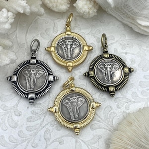 Elephant Coin, Elephant Pendant, Alabama Crimson Tide Elephant Coin, African Elephant Coin Pendant, Silver Coin, 4 Bezel Colors, Fast Ship