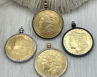 Reproduction Coin Pendant 39mm, Gold Plated. Liberty Coin, Vintage Coin, 4 bezel colors. Fast Shipping