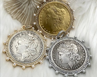 Reproduction Coin Pendant, Morgan Peace Dollar Pendant, Coin Bezel, Vintage Coin Pendant,  Bezel with CZ and Pearls. 3 Styles Fast Ship