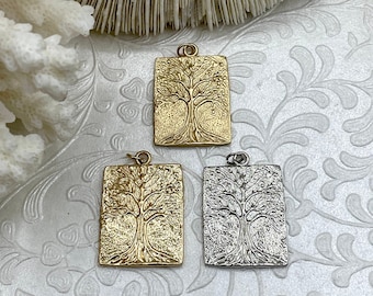 High Quality Brass Tree Charm/Pendant, Tree of Life Pendant, Tree Gold or Rhodium Plated, 27mm x 21mm x 2.25mm, 3 Finishes. Fast Ship