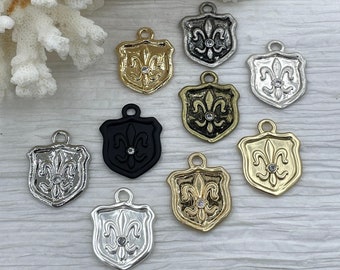 Fleur De Lis Shield Charms with CZ, Fleur De Lis Charm, 9 Finishes, Brass Charm, Fleur de lis Pendant, French Charm, Paris Charm, Fast Ship.