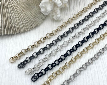 Textured Cable Rolo Chain Round sold by the foot. 8mm x 1mm. Medium Size Rolo Chain Electroplated Base Metal, 6 finishes. Fast ship