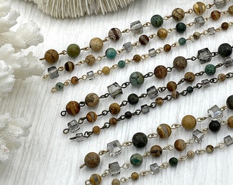 Gemstone Crystal mix Rosary. African Turquoise,Picture Jasper, Agate, Beaded Chain 8mm, 6mm, 4mm 3 pin colors 1 Meter (39 &quot;) Fast Ship