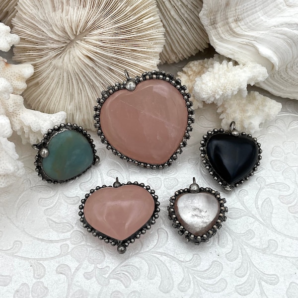 Heart Shaped Pendants w/Textured Burnished Silver Soldered Bezel w/CZ. 5 Styles,Natural stones,Variety of sizes&stones, all unique.Fast Ship