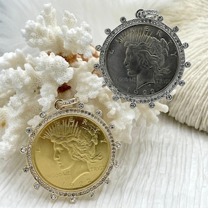 Reproduction Coin Pendant, Liberty Peace Dollar Coin Pendant, Coin Bezel, Vintage Coin Pendant, Coin Bezel CZ . Fast Ship