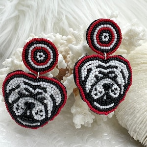 Bulldogs Earrings,Beaded Earrings, Red Black and White Earrings, Game Day Clam,Collegiate Earrings, Dawgs, Go Dawgs, Sold as a set Fast Ship